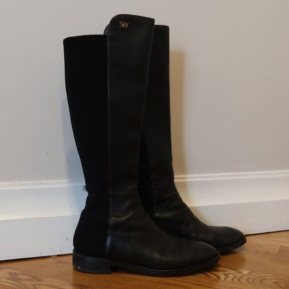 STUART WEITZMAN Keelan leather boots knee high black sz 7 pull on stretch winter - Picture 1 of 13